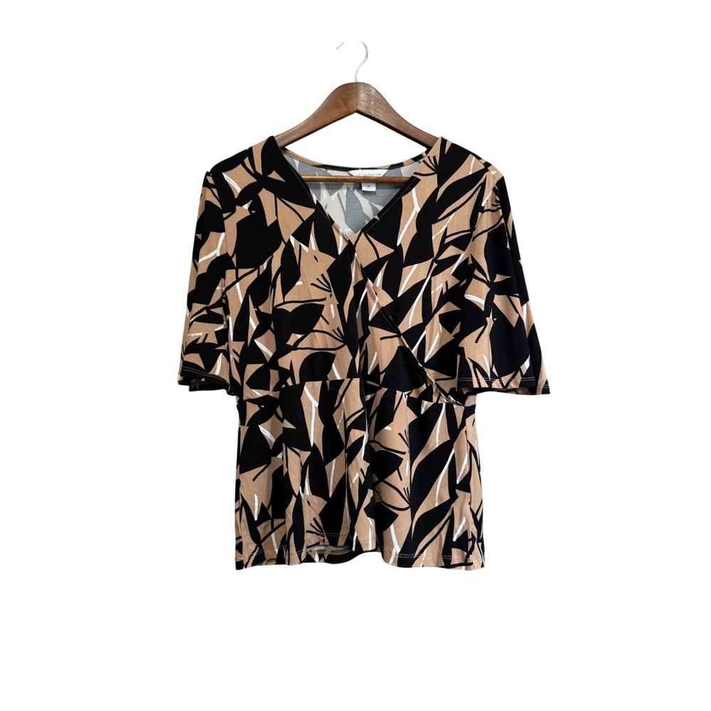 Liz Claiborne Blouse Women Medium Tan Black Abstract Faux Wrap Top Excellent